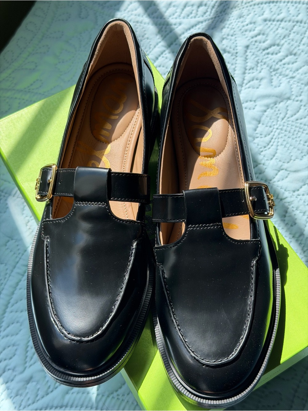Sam Edelman Black Patent Mary Jane Loafers with Gold Buckle